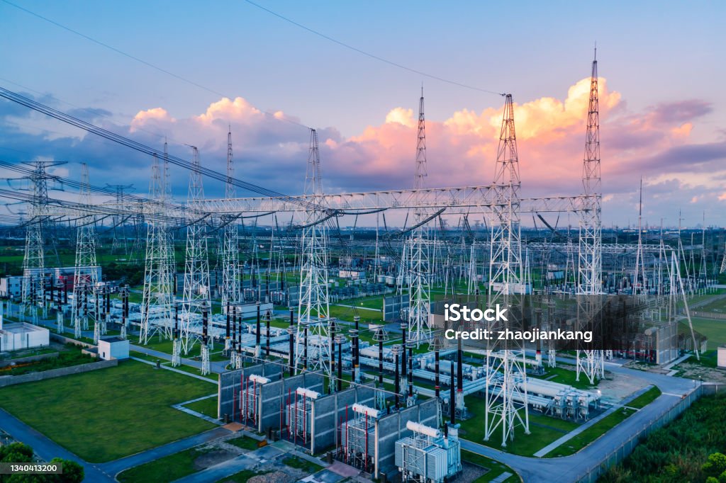 Aerial view of a high voltage substation.Industrial power tower background.