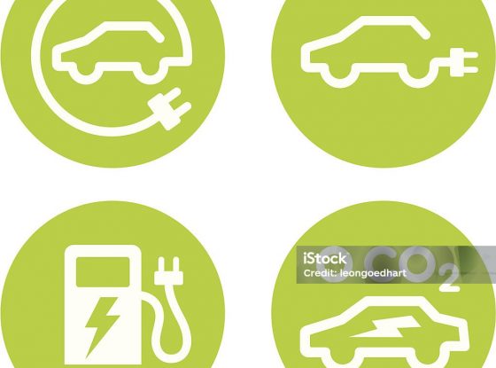 Series of four vector icons for electric cars and EV charging points.